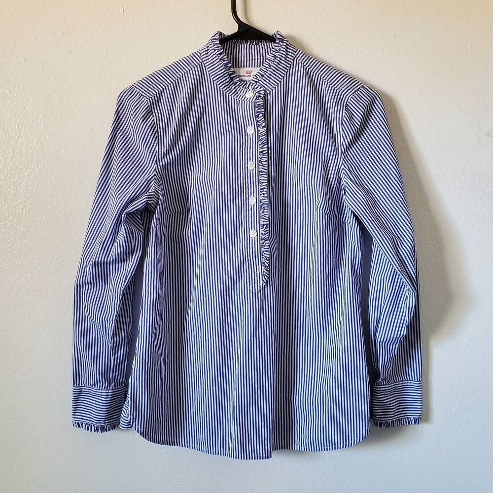 Vineyard Vines Popover Top Womens 0 Blue Striped Long Sleeve Ruffles Button Up
